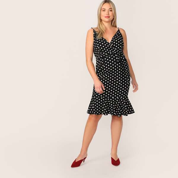 

Plus Polka Dot Print Surplice Wrap Cami Dress