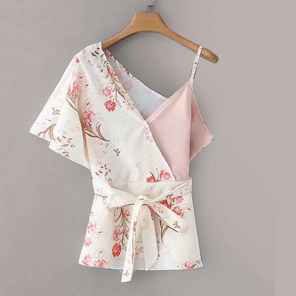 

Floral Print Asymmetric Neck Belted Blouse