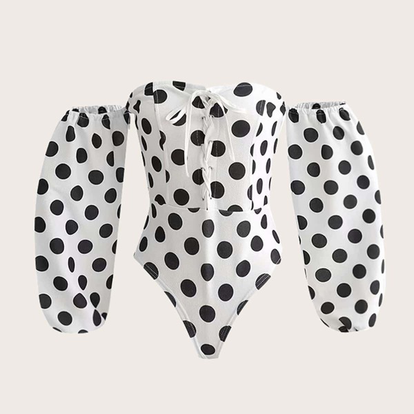 

Off-shoulder Lace-up Front Polka Dot Bodysuit