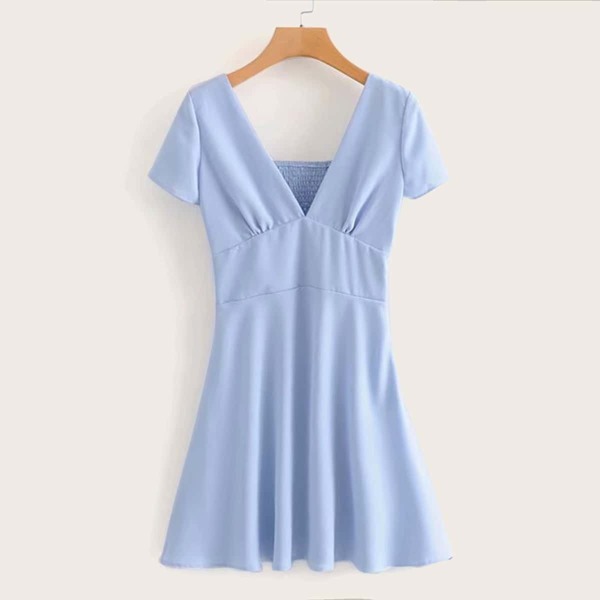 

V-neck Solid Shirred Tea Dress, Blue