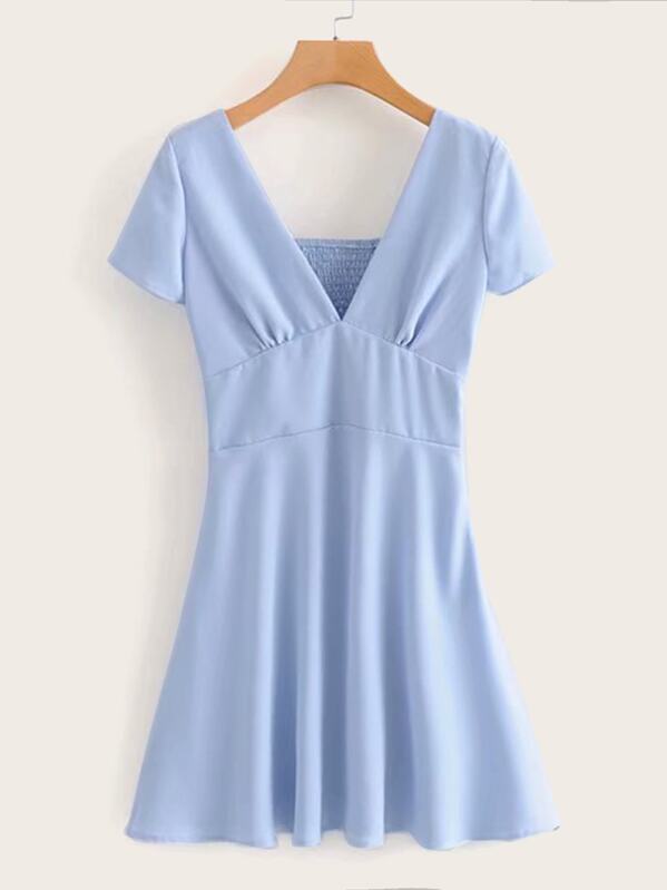 

V-neck Solid Shirred Tea Dress, Blue