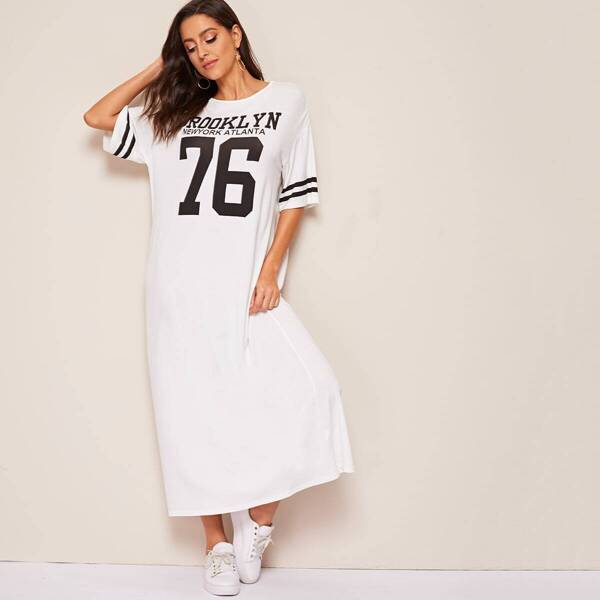 

Varsity Print Drop Shoulder Tunic Dress, White