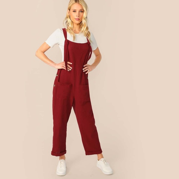 

Buttoned Side Pocket Patch Overalls, Burgundy