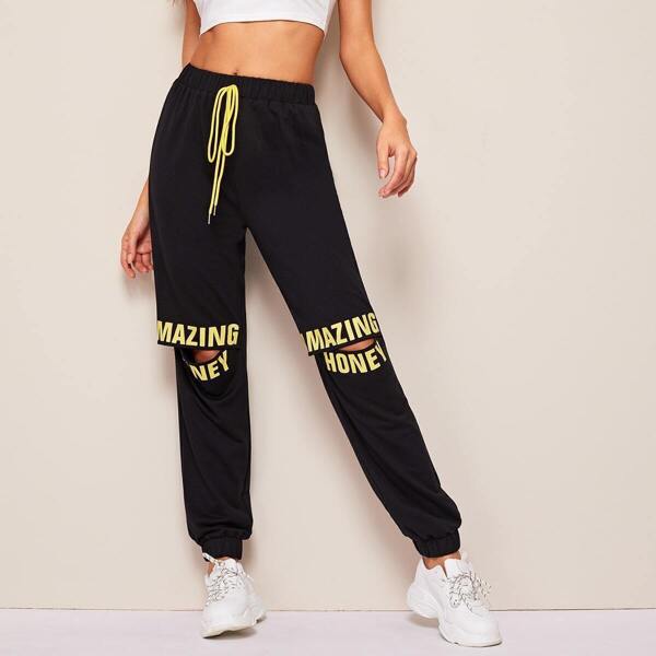 

Drawstring Waist Colorblock Letter Ripped Knee Pants, Black