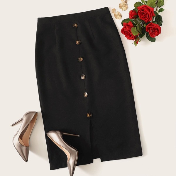 Button Up Split Pencil Skirt, Black