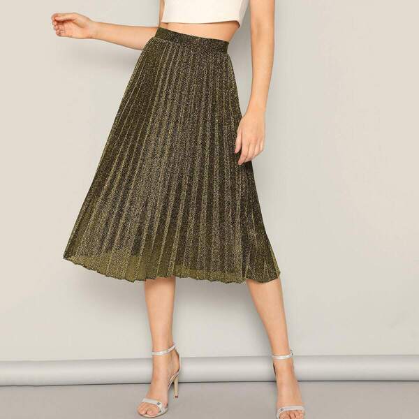

High Waist Pleated Glitter Skirt, Gold