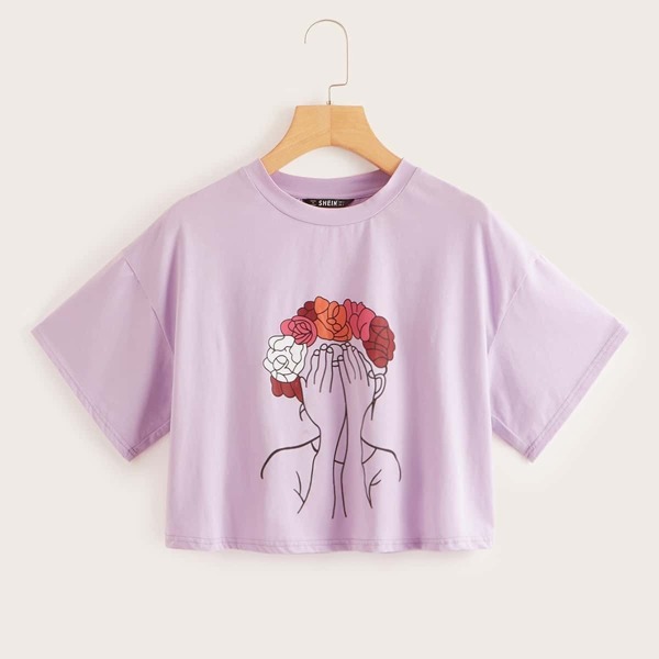 

Figure Print Cuffed Sleeve Crop Tee