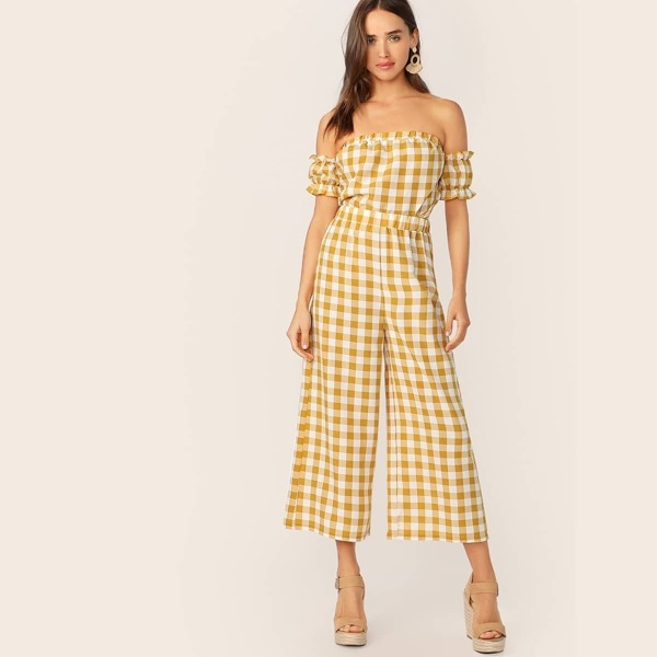 

Off Shoulder Ruffle Trim Gingham Top & Pants Set