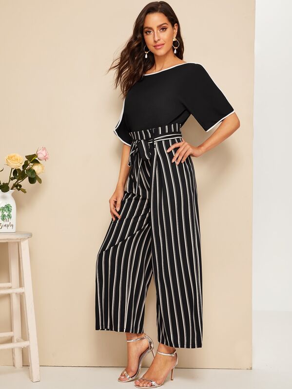 

Contrast Binding Top and Paperbag Waist Pants Set, Black, Mary P.