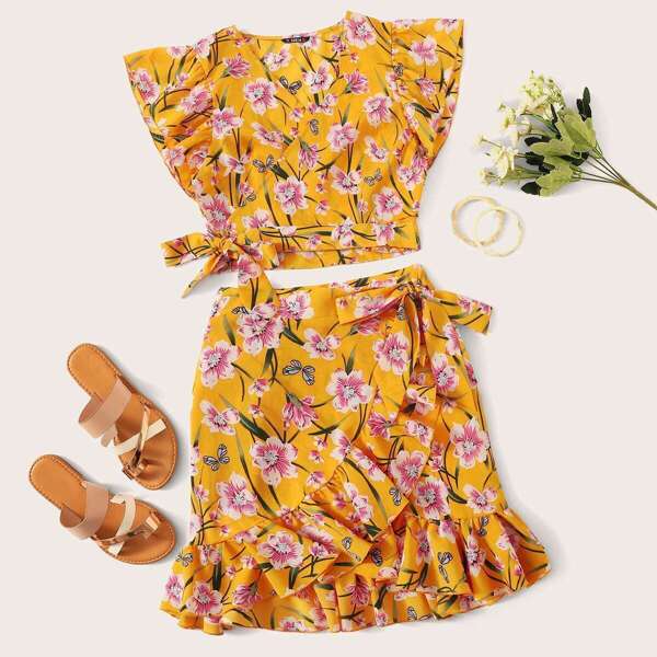 

Floral Print Tie Side Wrap Top and Skirt Set