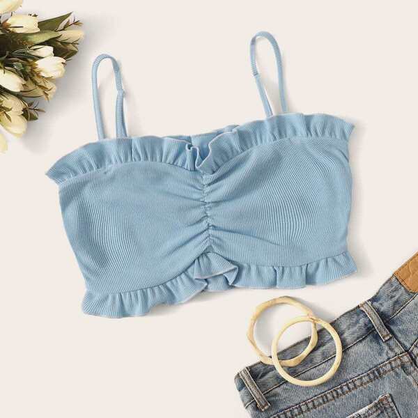 

Ruched Front Frilled Trim Ribbed Crop Cami Top