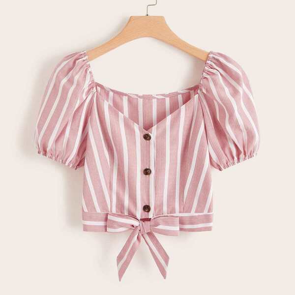 

Striped Button Front Knot Hem Blouse