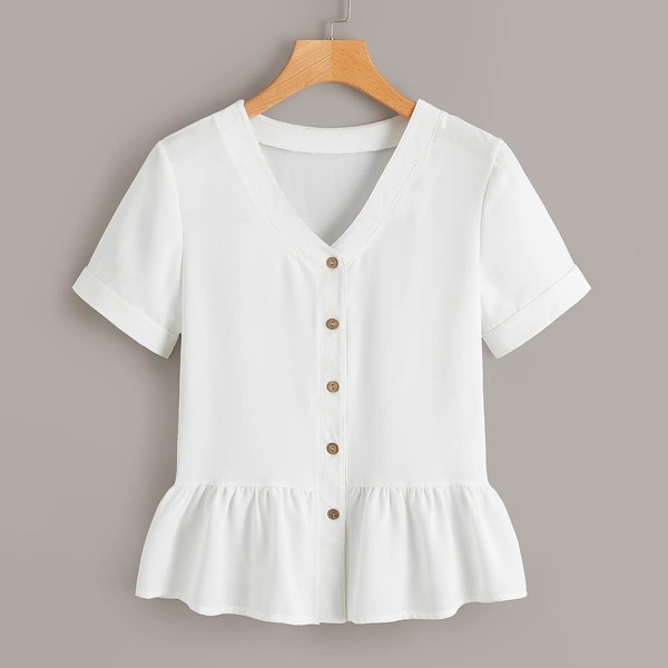 

V-neck Button Front Ruffle Hem Blouse