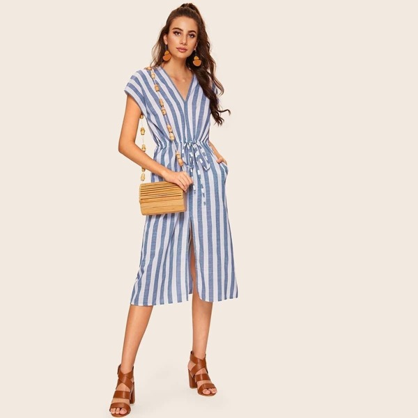 

Striped Drawstring Waist V-neck Dress, Blue