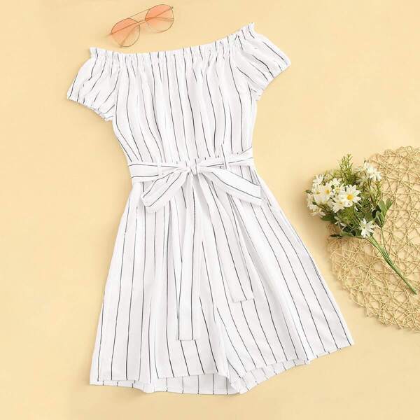 

Striped Tie Front Off The Shoulder Romper, White