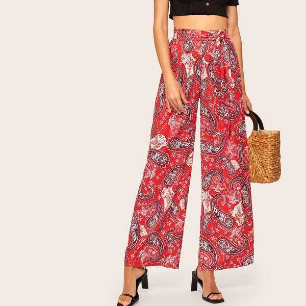 

Paisley Belted Wide Leg Pants, Red