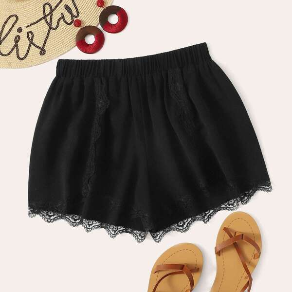 

Elastic Waist Lace Panel Shorts, Black