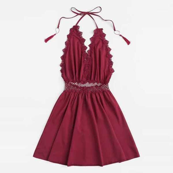 

Plus Contrast Lace Halter Dress, Burgundy