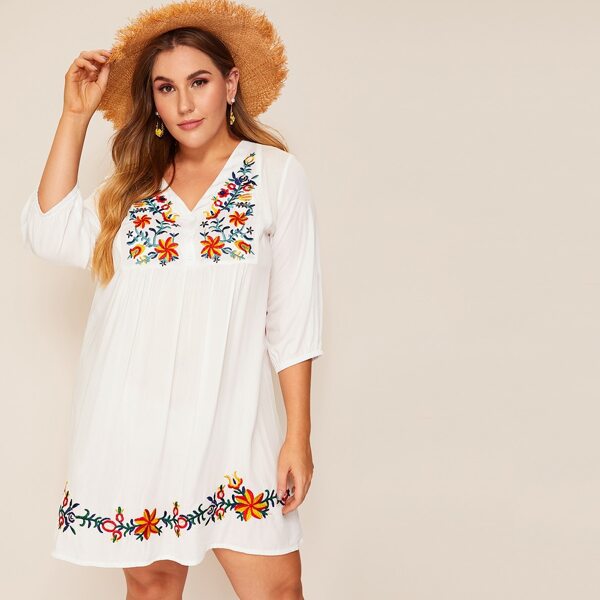 

Plus Floral Embroidered V-neck Dress, White