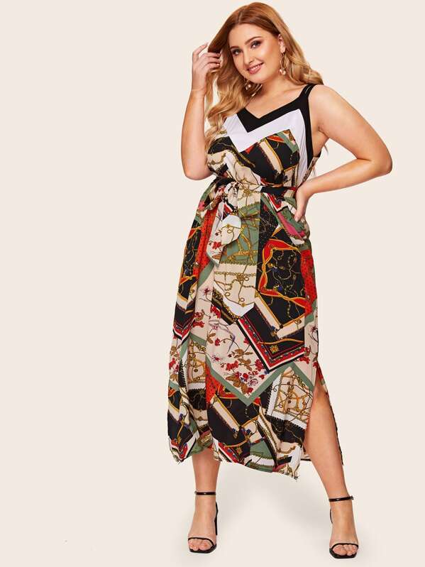 

Plus Scarf Print Split Side Cami Dress, Multicolor, Nora