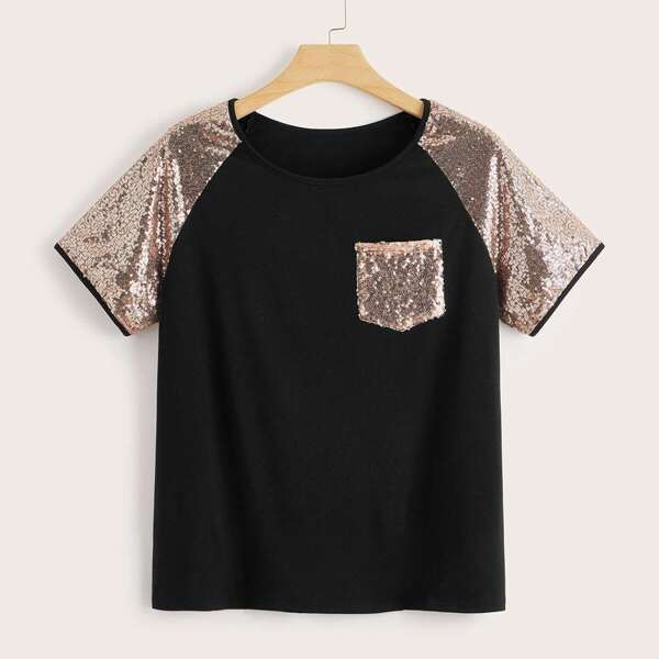 

Plus Contrast Sequin Sleeve Pocket Tee