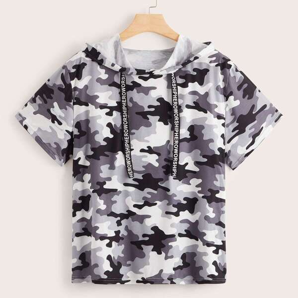 

Plus Letter Taped Drawstring Camo Print Hooded Tee, Multicolor