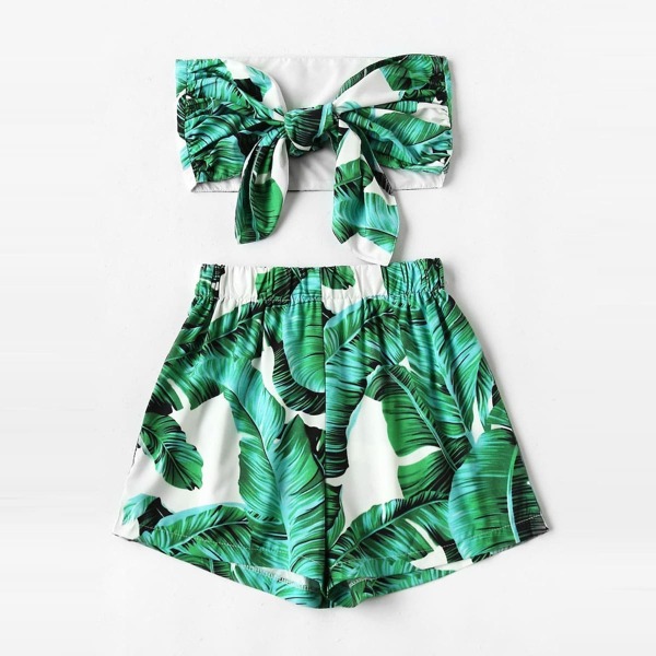

Plus Palm Tree Print Knot Tube Top With Shorts, Green