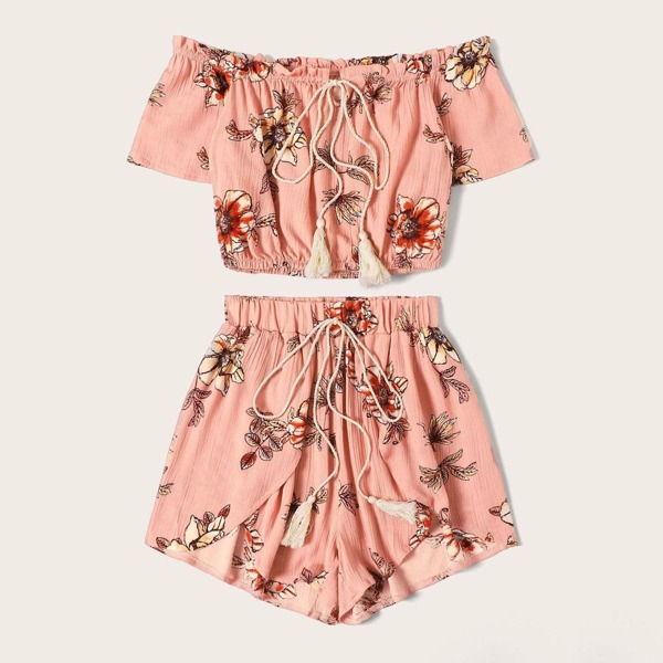 

Floral Print Drawstring Off The Shoulder Top With Shorts