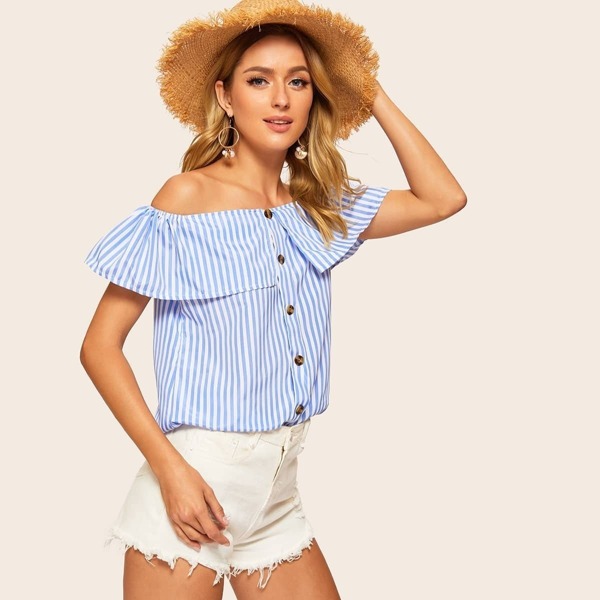 

Striped Button Front Off Shoulder Blouse