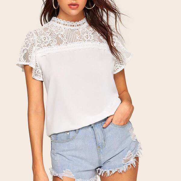 

Contrast Lace Keyhole Back Blouse