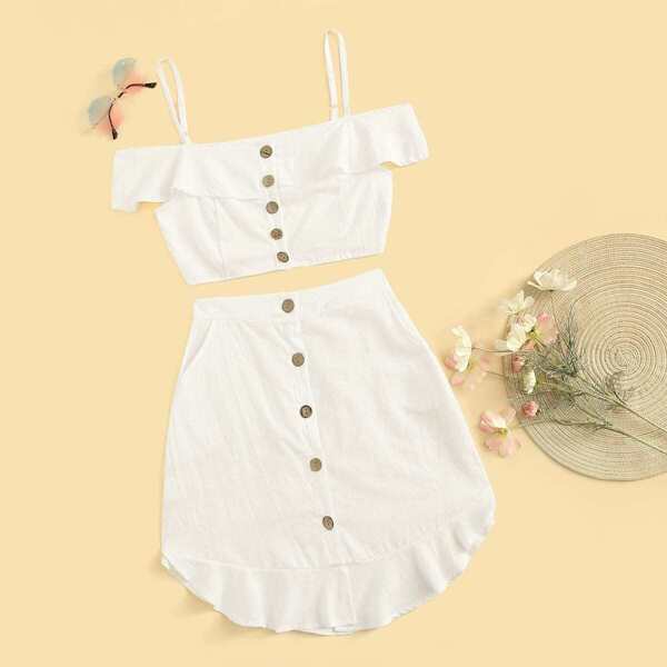 

Button Front Flounce Trim Crop Cami Top & Skirt, White