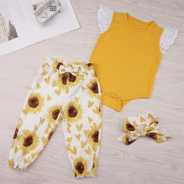 

Baby Contrast Schiffy Romper & Sunflower Print Pants & Headband