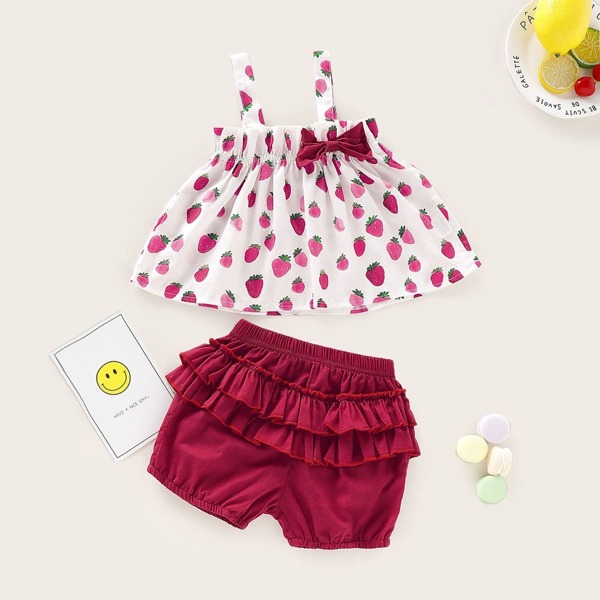

Baby Strawberry Print Cami Top With Frill Shorts, Multicolor
