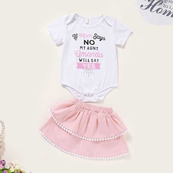 

Baby Slogan Print Romper With Contrast Lace Skirt, Multicolor