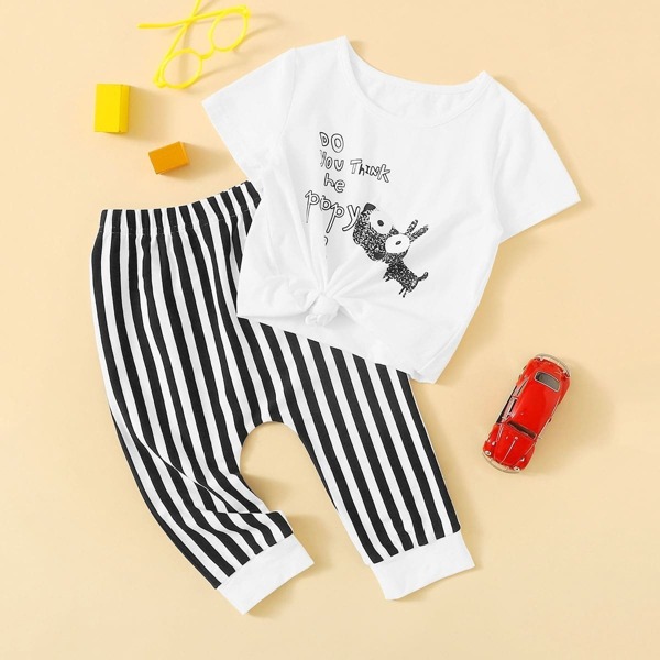 

Toddler Boys Slogan Print Tee With Striped Pants