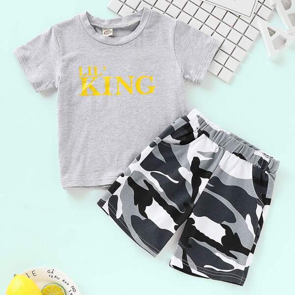 

Toddler Boys Letter Print Tee With Camo Shorts, Multicolor