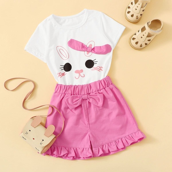 

Toddler Girls Cartoon Print Tee With Frill Shorts, Multicolor