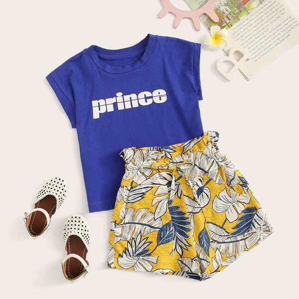 

Toddler Girls Letter Print Tee With Tropical Print Shorts, Multicolor