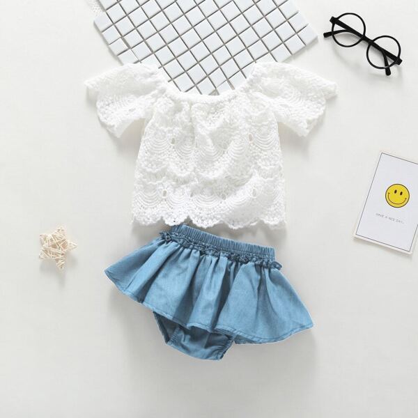 

Toddler Girls Crochet Scallop Top With Ruffle Denim Skort, Multicolor