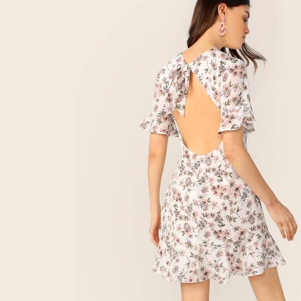 

Ditsy Floral Tie Open Back Ruffle Dress, Multicolor