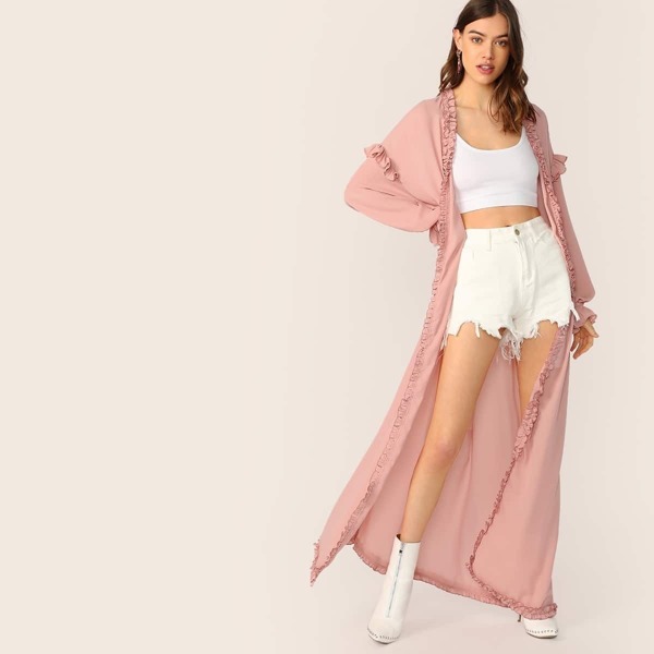 

Frill Trim Maxi Kimono, Pink