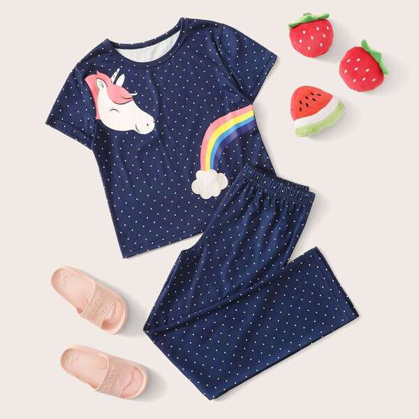 

Girls Unicorn Print Polka Dot Pajama Set, Navy