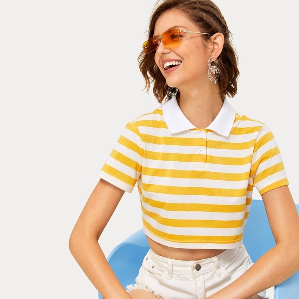 

Striped Double Button Polo Neck Crop Tee, Multicolor