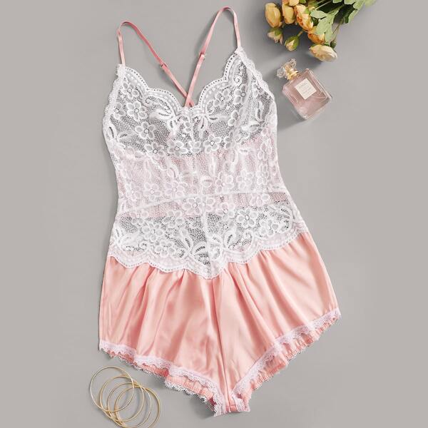 

Floral Lace Criss Cross Romper Bodysuit