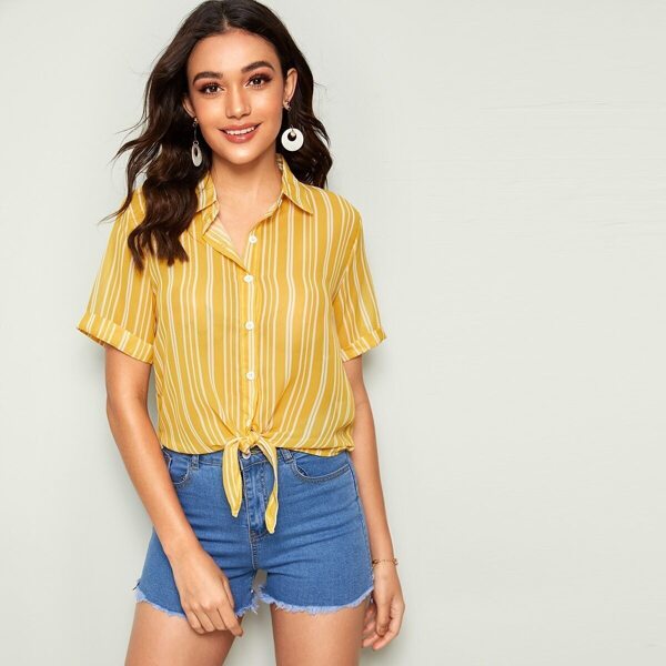 

Vertical Striped Knotted Front Shirt, Yellow
