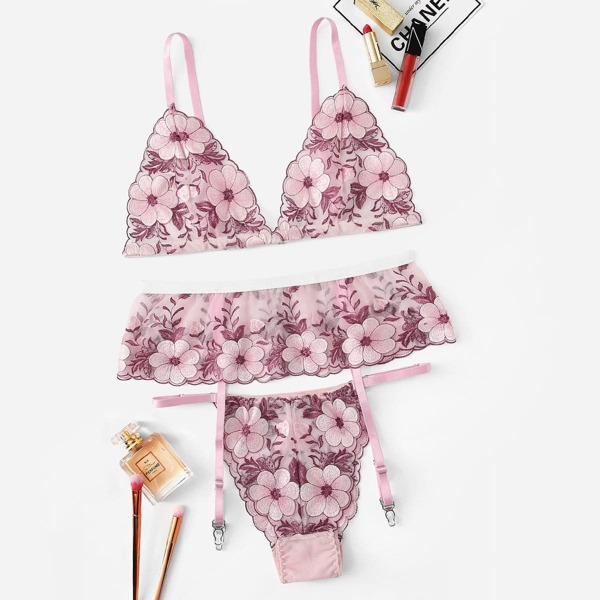 

Embroidered Floral Garter Lingerie Set