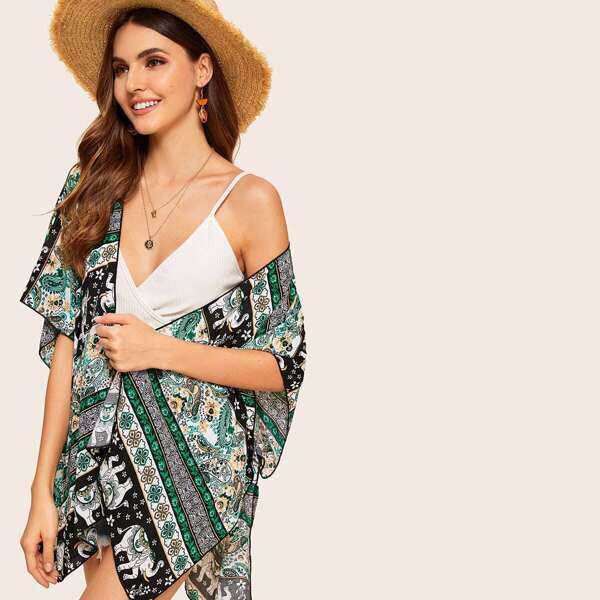 

Slit Hem Paisley & Elephant Print Kimono