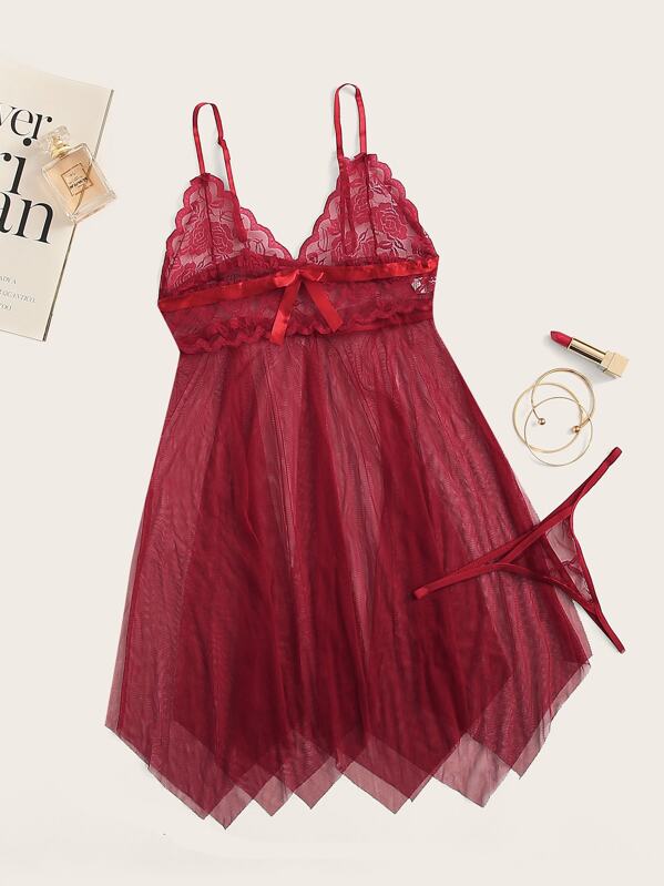 

Scalloped Trim Contrast Lace Asymmetrical Slips With Thong, Burgundy