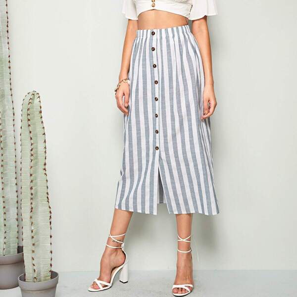 

Striped Button Front Skirt