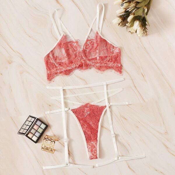 

Floral Lace Garter Lingerie Set, Red